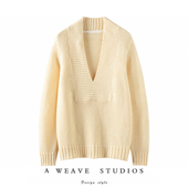 深V领长袖 SAQINI 上衣 系列 100%纯山羊绒针织衫 Vintage Fashion