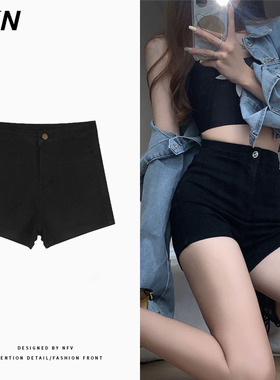 黑色a字牛仔短裤女夏季辣妹弹力高腰显瘦小个子热裤直筒阔腿裤子