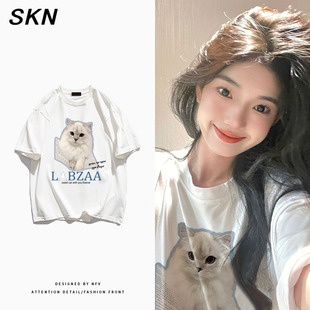 T恤女夏季 ins潮牌超火设计感猫咪印花纯棉短袖 宽松原宿风通勤上衣
