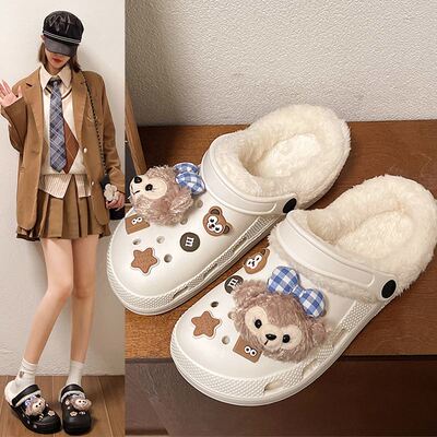 加绒洞洞鞋女款秋冬季外穿卡通
