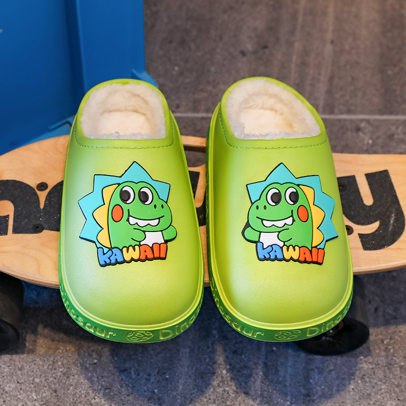 儿童棉拖鞋男童女宝秋冬季家居防滑中大童外穿卡通恐龙防水拖鞋冬