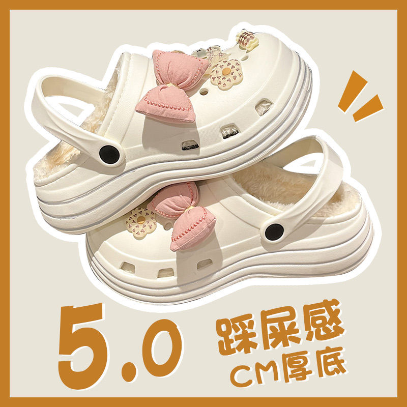 加绒洞洞鞋女冬季蝴蝶结甜美风