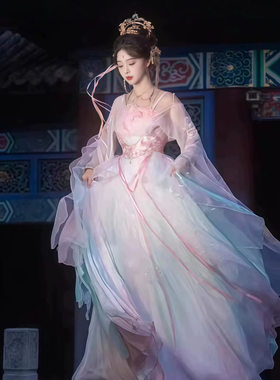 飘逸汉服女梦幻渐变重工刺绣荷花大袖齐胸裙套装汉服仙女显瘦