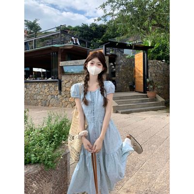 夏季新款格纹彩色点点纽扣领口系带连衣裙法式气质短袖长裙a字裙