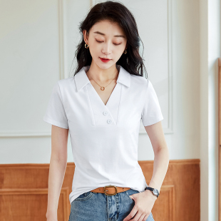 夏季女纯棉短袖翻领POLO衫T恤韩版修身V字纽扣打底衫简搭上衣汗衫