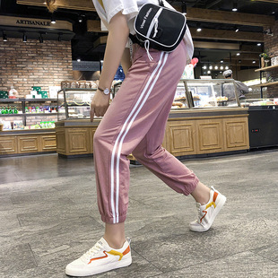 夏季女薄款九分裤束脚裤双条扛学生少女宽松显瘦小脚裤运动裤卫裤
