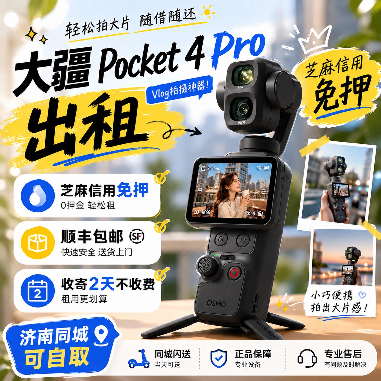 出租DJI/大疆 pocket4pro/4/3口袋相机租赁vlog旅行拍摄手持租赁