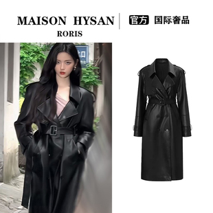 法式Maison Hysan小狐狸杨超越同款风衣外套女气质中长款皮衣大衣