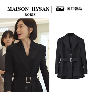 法式Maison Hysan小狐狸秦岚同款黑色西装外套女秋冬宽松收腰西服
