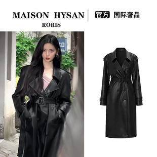 法式Maison Hysan小狐狸杨超越同款风衣外套女新款中长款皮衣大衣