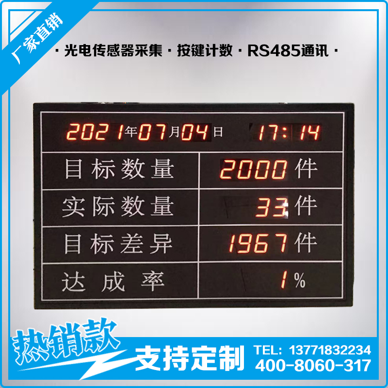 定制流水线车间计数器LED显示屏RS485通讯红外传感器采集电子看板