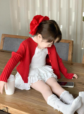 女童春季韩系甜美红色针织开衫圆领上衣蕾丝花边背心蛋糕裙套装