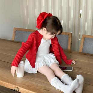 女童春季毛衣甜美红色针织开衫圆领上衣蕾丝花边背心蛋糕裙套装