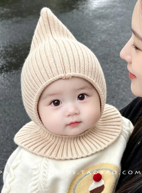 宝宝帽子围脖一体披肩帽秋冬季保暖针织护耳帽百搭洋气婴儿套头帽