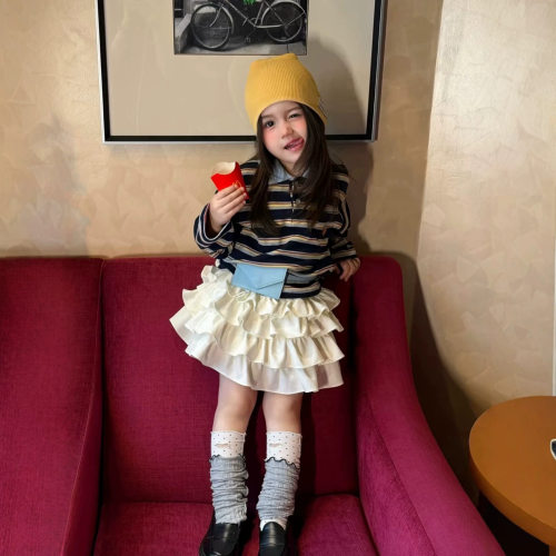 女童秋韩版卡通藏蓝拼色条纹刺绣小狗翻领纽扣长袖polo衫翻领卫衣