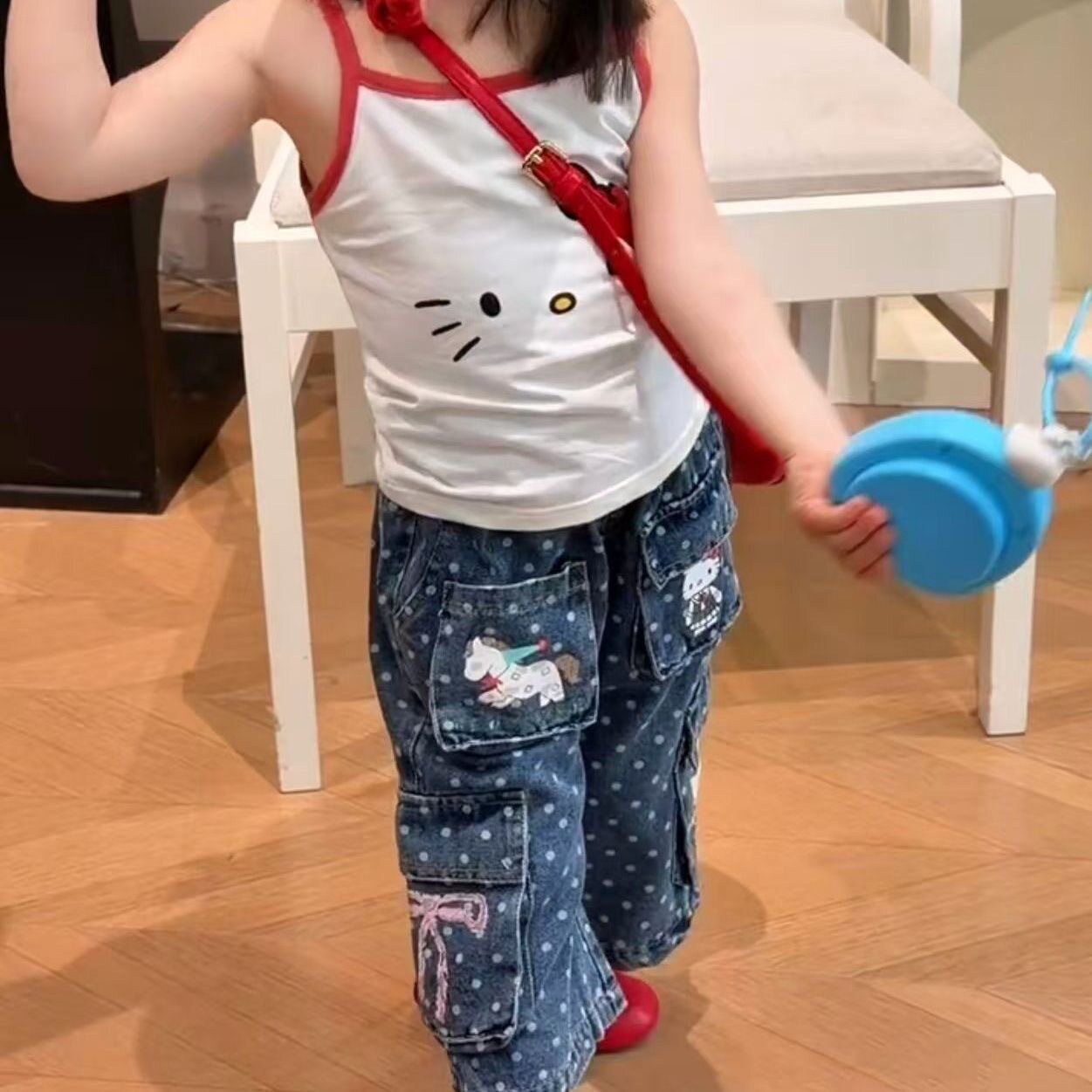儿童夏装牛仔工装裤套装26夏季新款波点kt印花女童宽松洋气七分裤