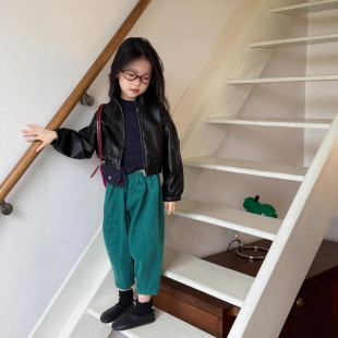 韩系潮酷儿童短款 2025新款 机车服夹克皮衣上衣 外套春秋款 女童秋装