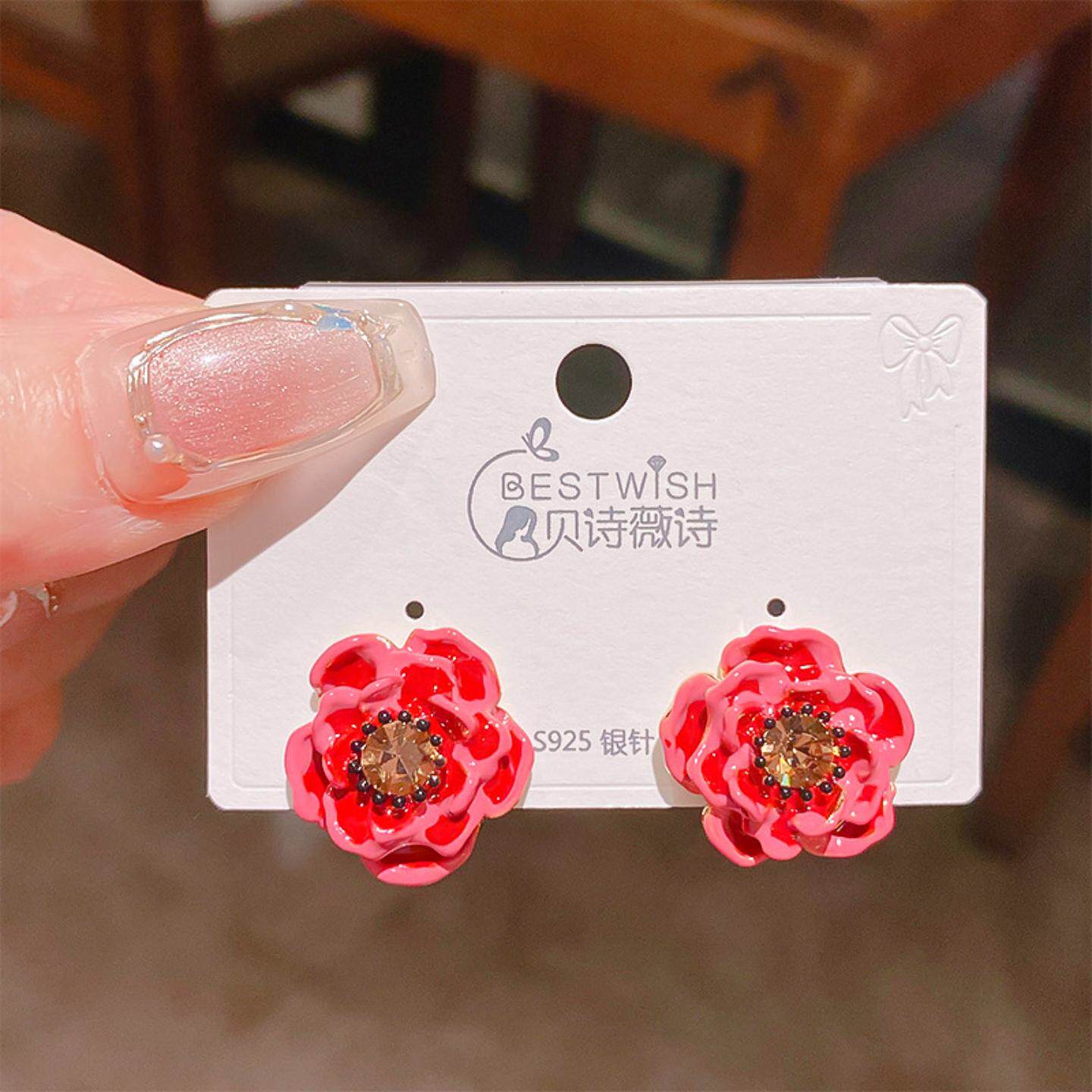 法式高级感红色彩釉花朵水晶耳钉