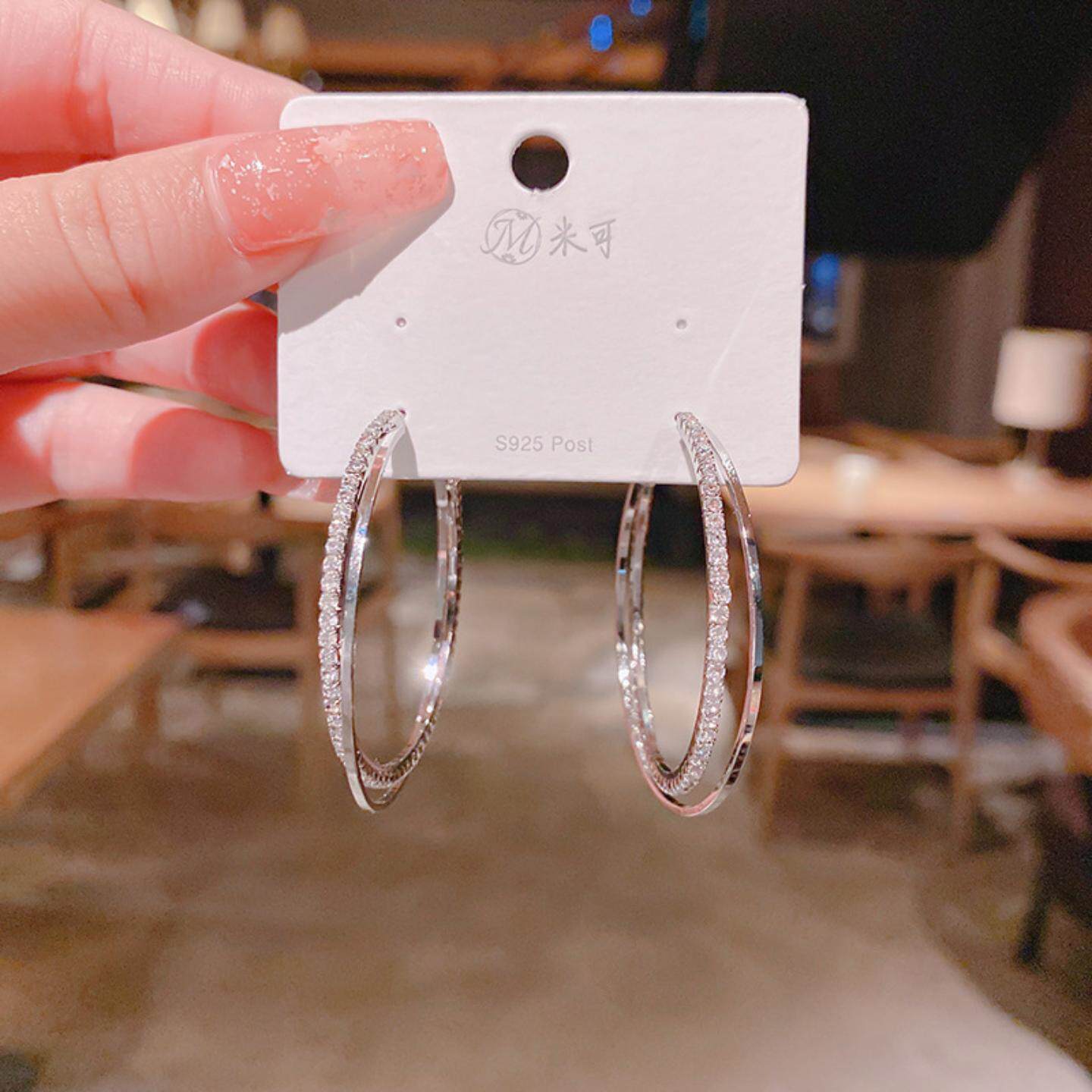 925银针真金电镀锆石素圈耳圈耳环 韩版简约气质性感街拍耳钉饰品