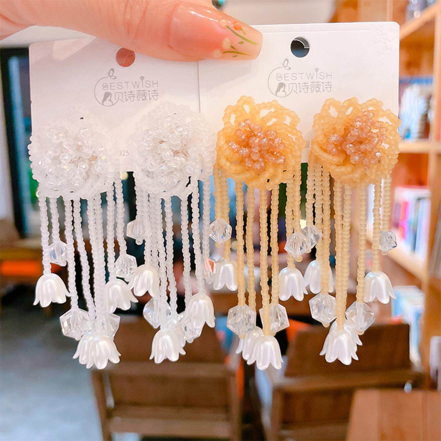 适合夏天戴法式串珠花朵流苏耳环