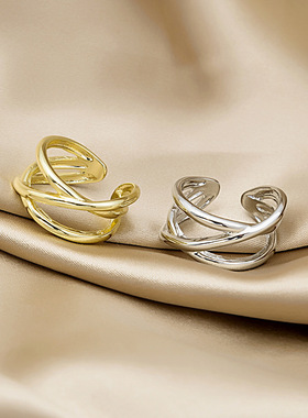 ins冷淡风个性交叉线条戒指女 网红复古夸张新潮朋克多层食指戒