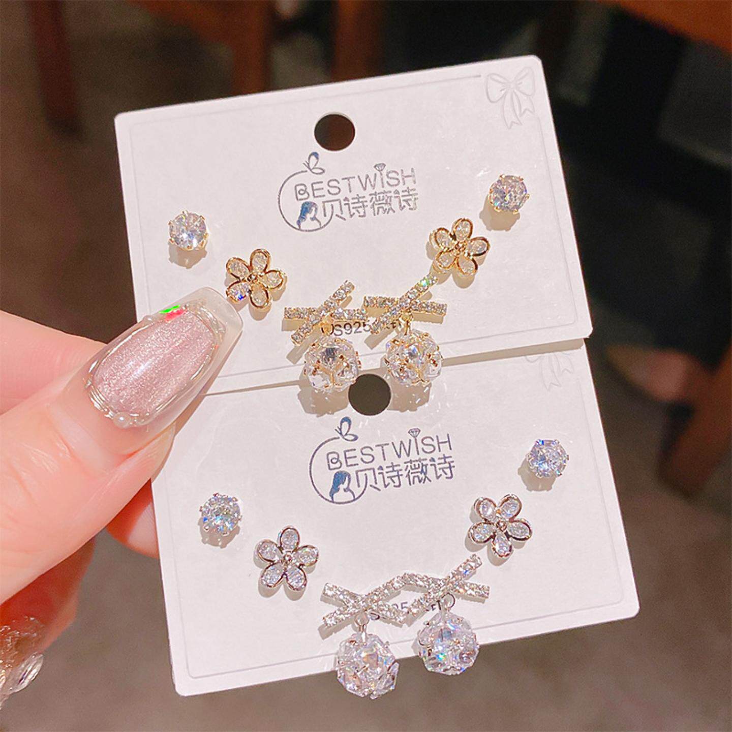 2025新品锆石球球蝴蝶结耳钉三对装 女精致高级感锆石耳钉6件套