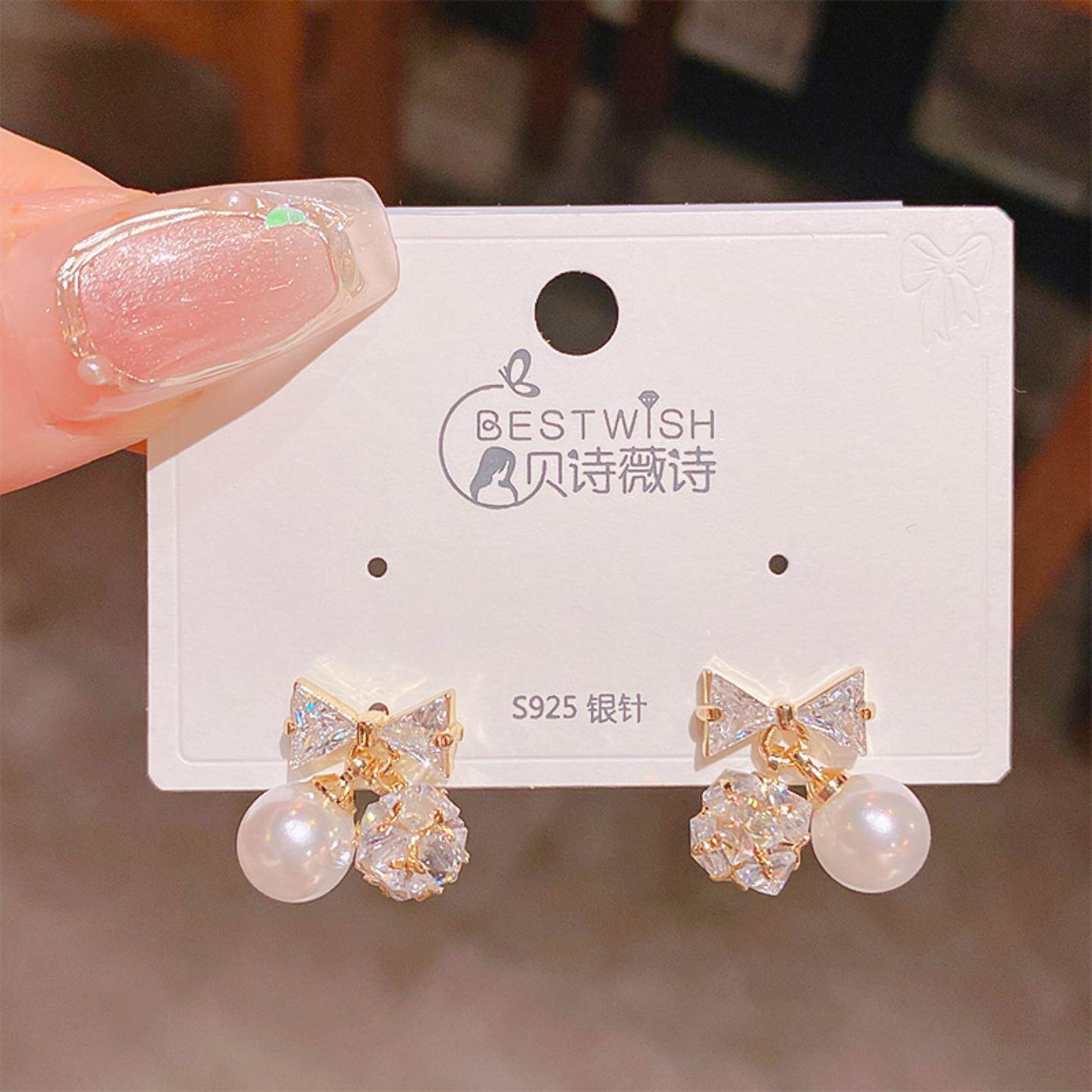 925银针精致时尚超闪锆石款蝴蝶结耳钉 女球球小众简约设计感耳环