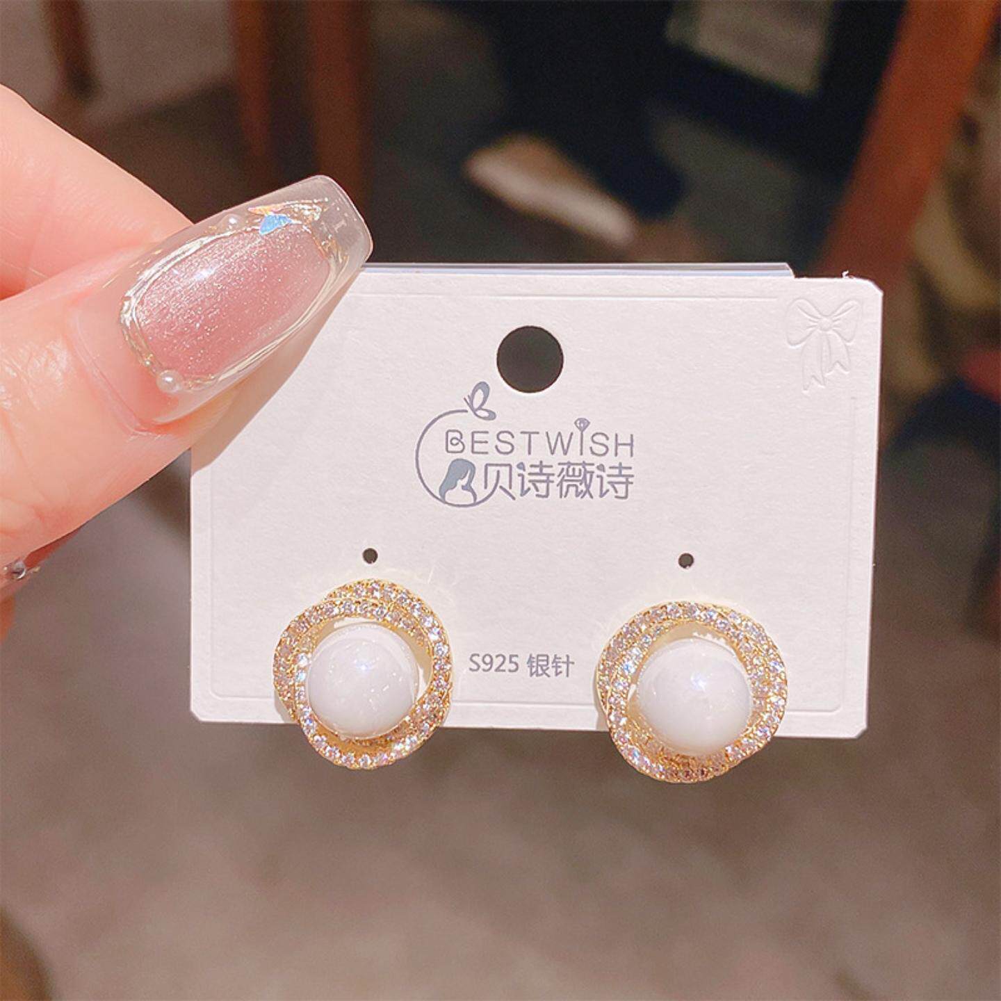 锆石螺旋陶瓷白珍珠耳钉女小众