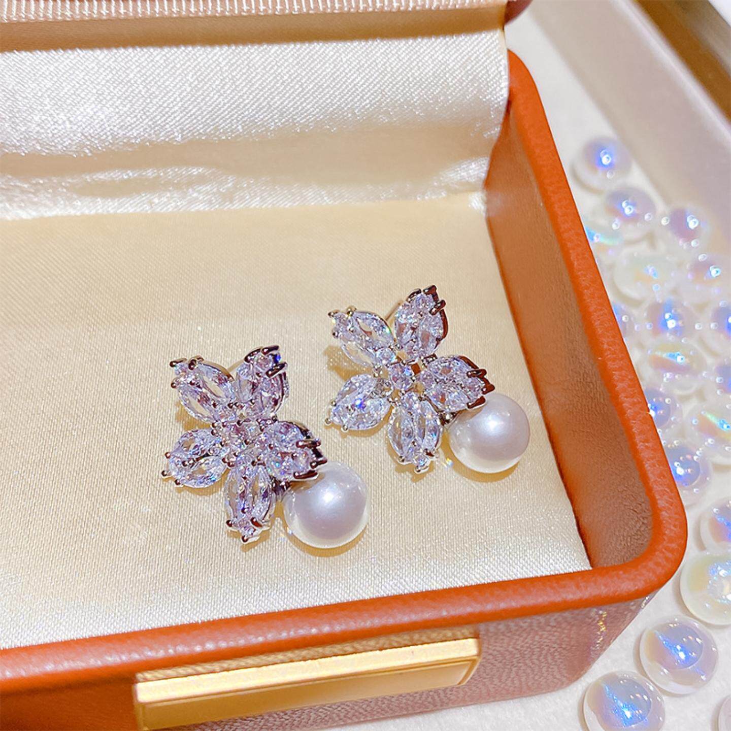 2026新设计花朵锆石立体珍珠耳钉