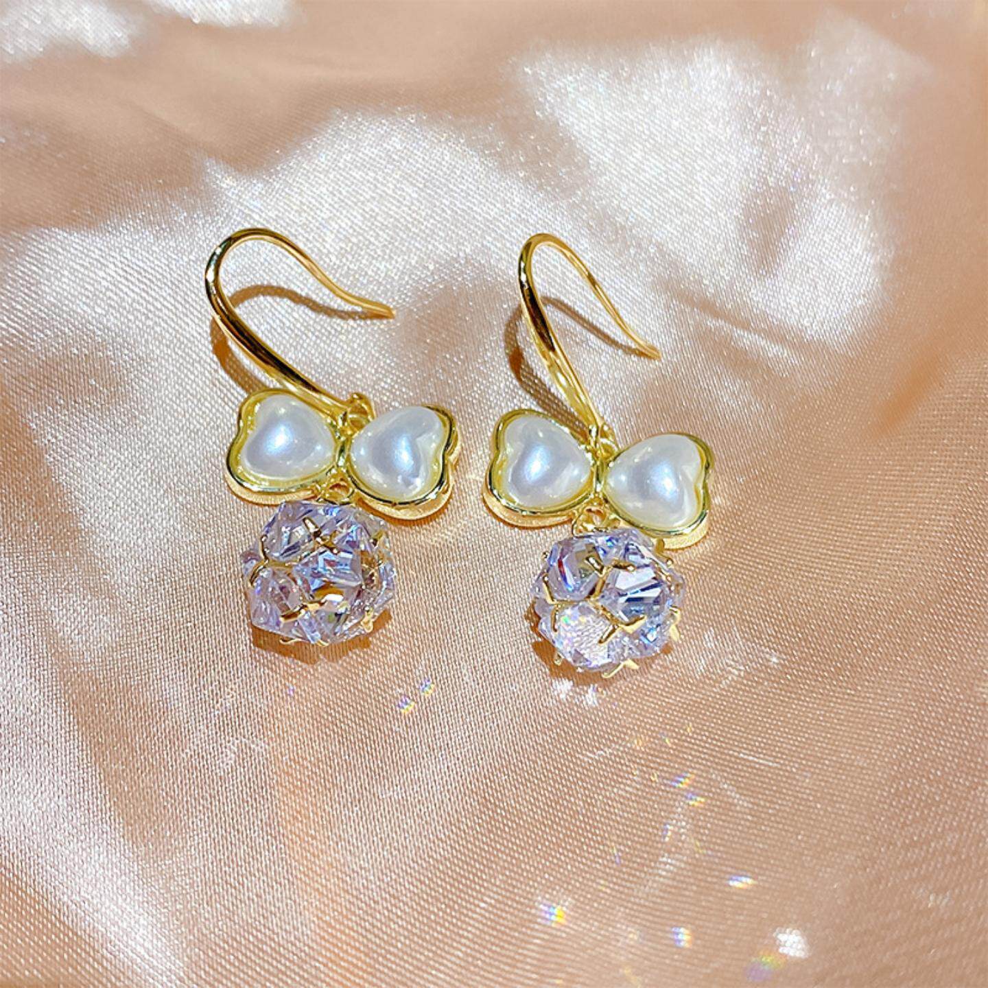 法式复古精致锆石球球蝴蝶结轻奢耳钩耳环 女设计感时尚简约耳坠