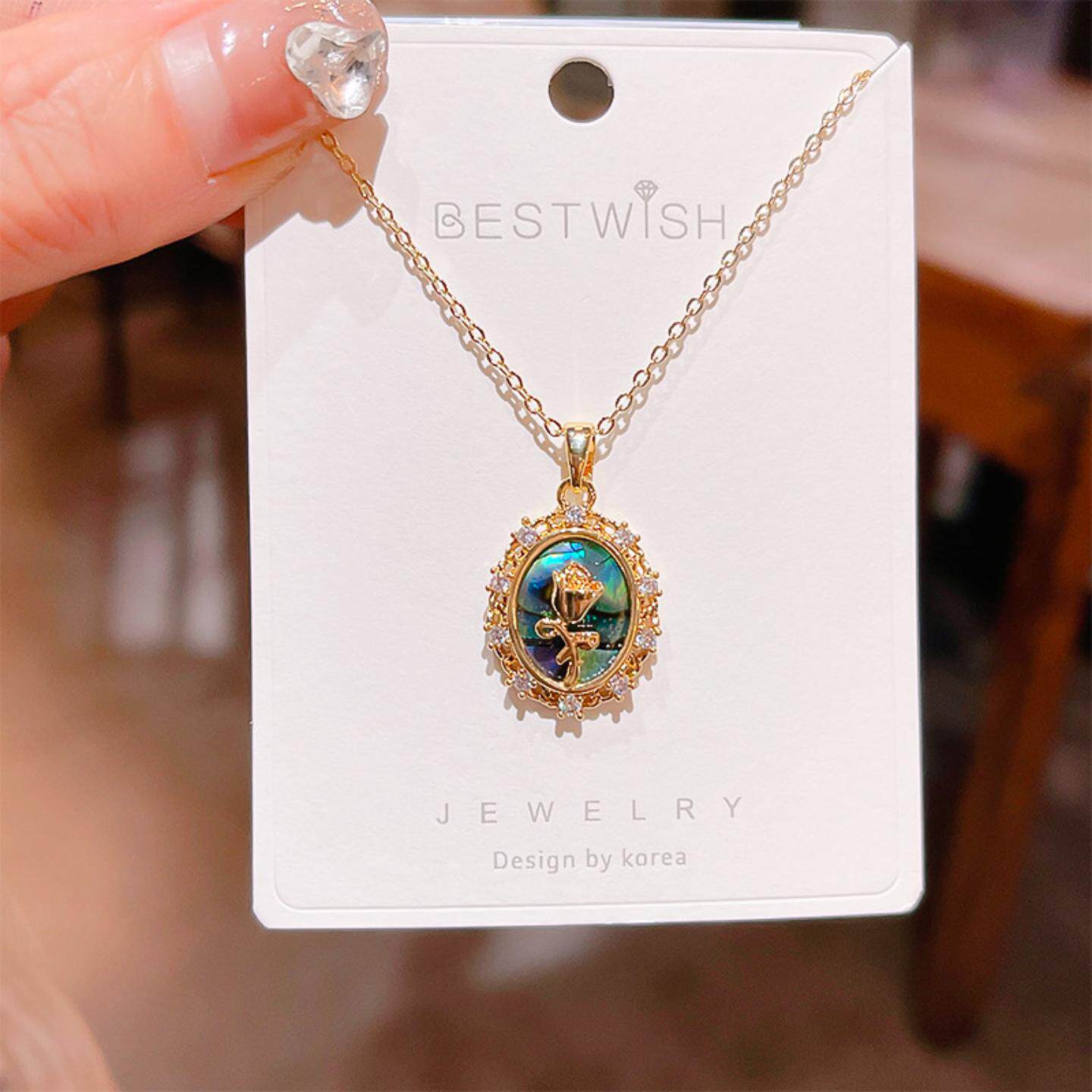 厚金保色 精致玫瑰花鲍贝锆石项链 女宫廷风气质高级感锁骨项简约