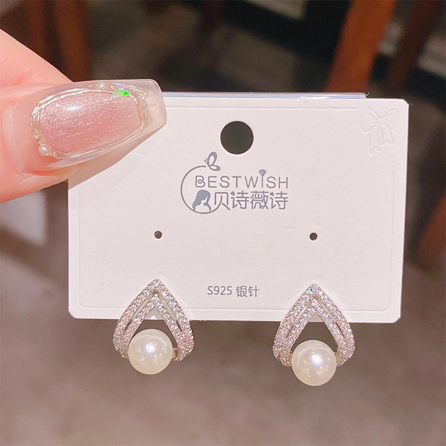 925银针法式温柔水滴珍珠耳钉女