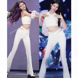 女团张元英舞台同款打歌表演服白色吊带喇叭裤爵士舞蹈演出服套装