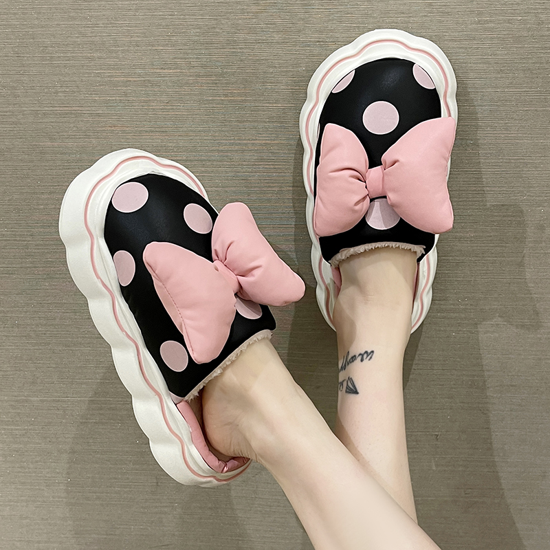可爱波点蝴蝶结厚底增高棉拖鞋