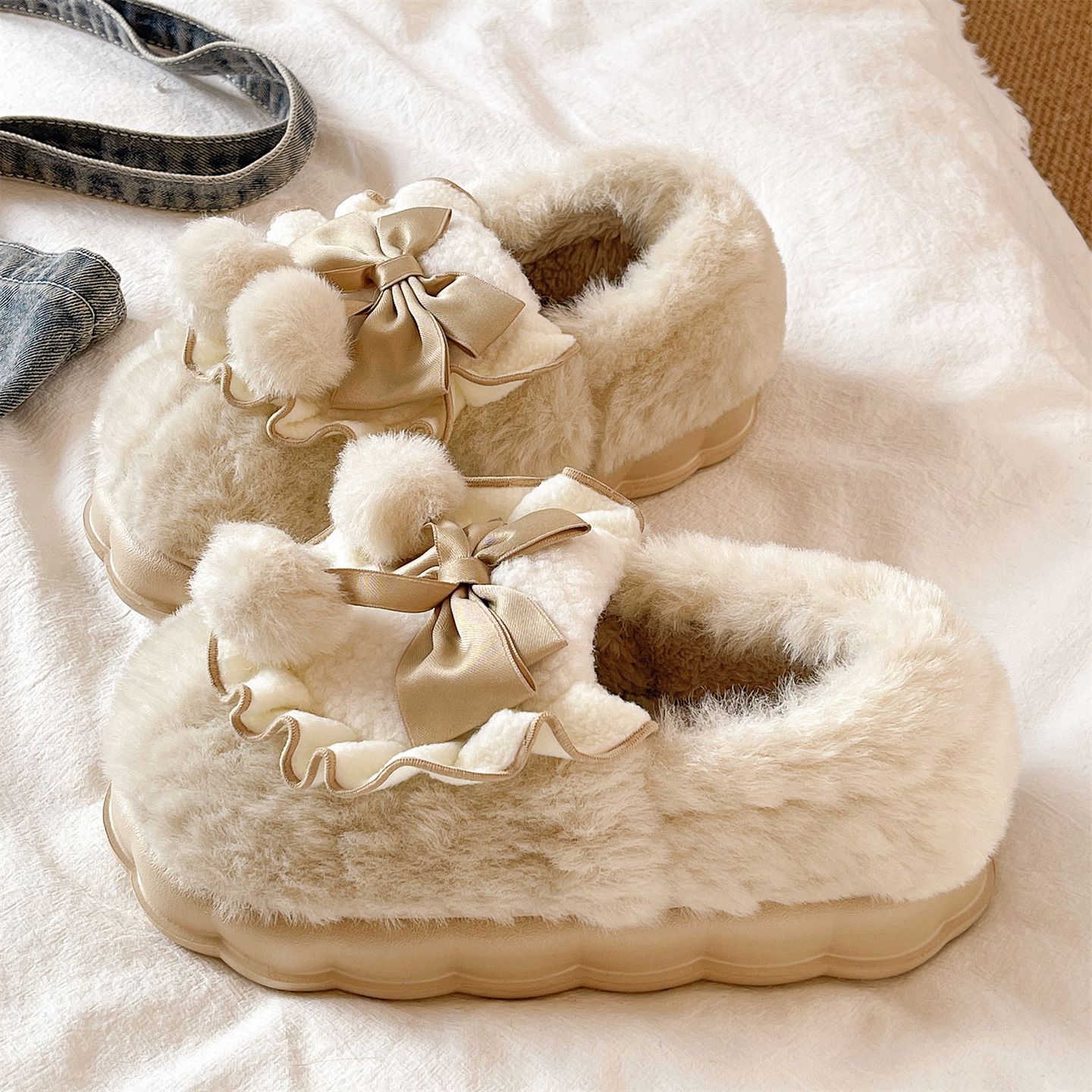 俏绘可爱蝴蝶结毛球包跟棉拖鞋