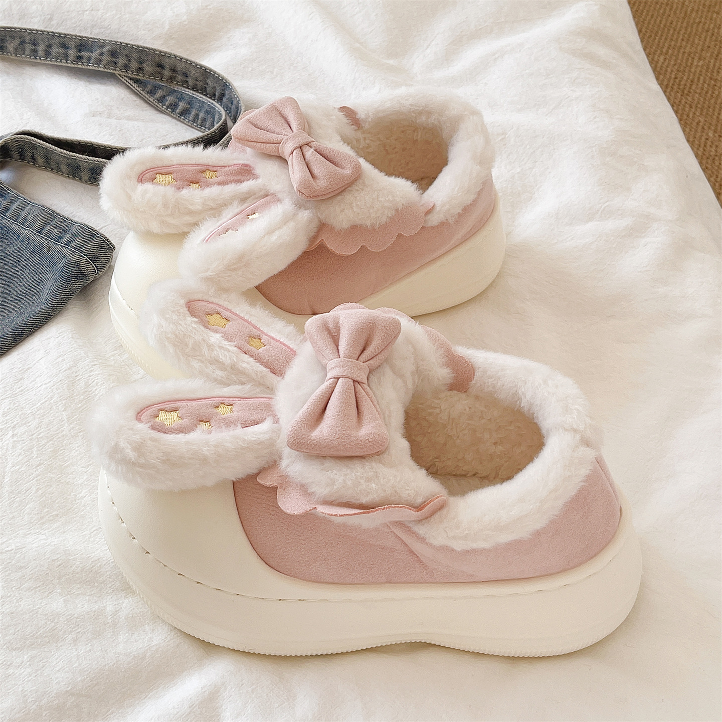 俏绘可爱兔耳朵蝴蝶结包跟棉拖鞋