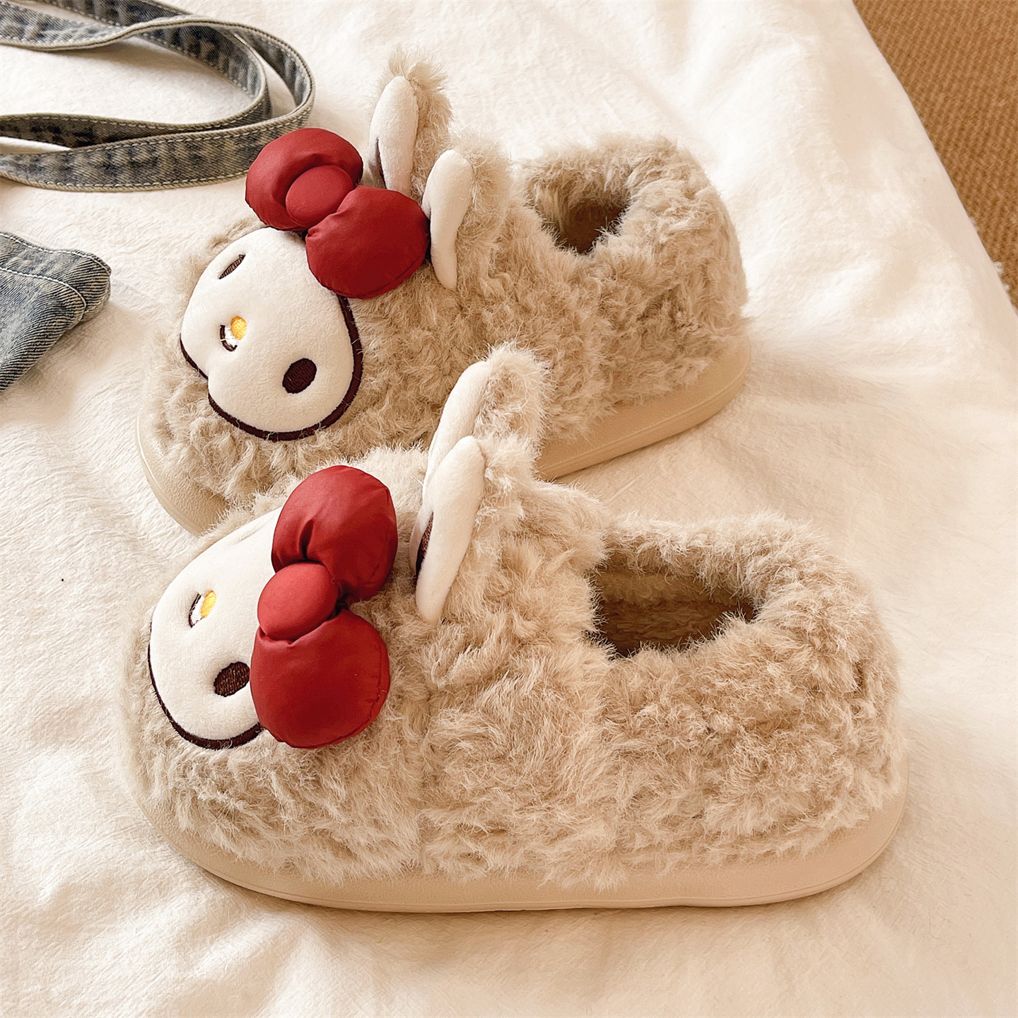 俏绘可爱小狗格子保暖棉拖鞋