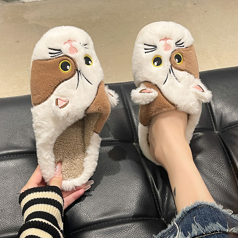 可爱猫咪保暖包头棉拖鞋