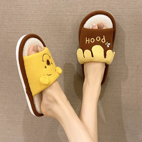 俏绘可爱小熊亚麻透气软底拖鞋