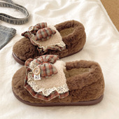 居家室内毛绒保暖防滑厚底包跟棉拖鞋 可爱格子蝴蝶结棉鞋 女士冬季