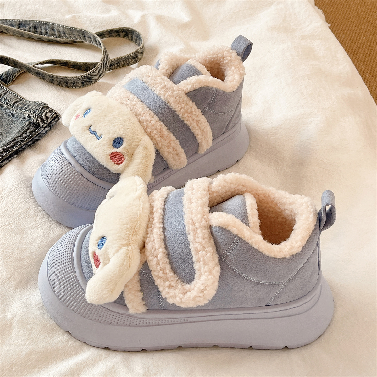 俏绘卡通可爱加绒厚底包跟棉拖鞋