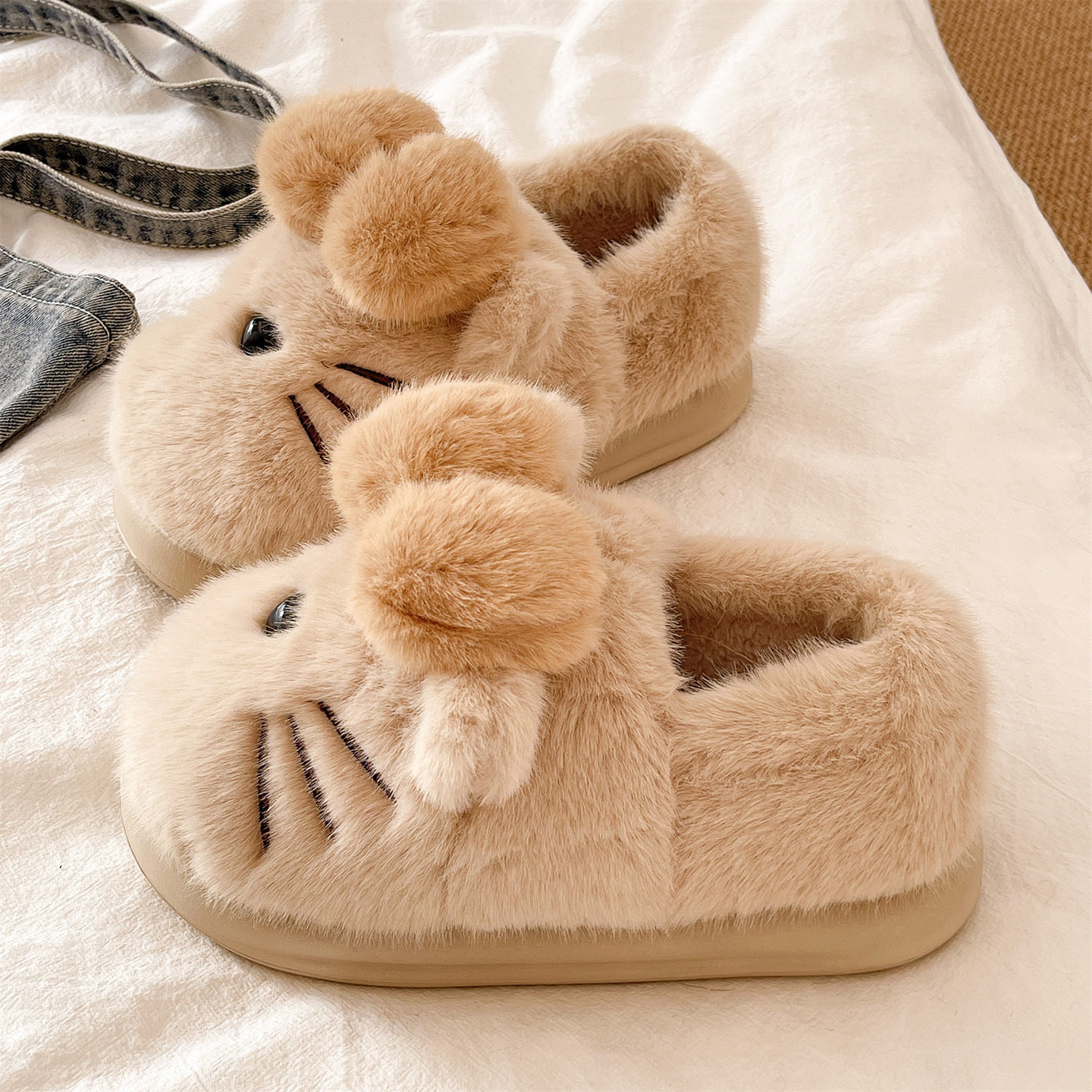 俏绘可爱猫咪蝴蝶结厚底包跟棉鞋