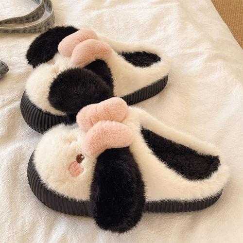 俏绘可爱蝴蝶结小狗保暖棉拖鞋