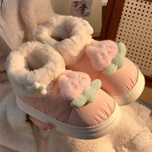 学生宿舍可爱室内外穿厚底加绒保暖高帮包跟棉鞋 防水棉拖鞋 女冬季