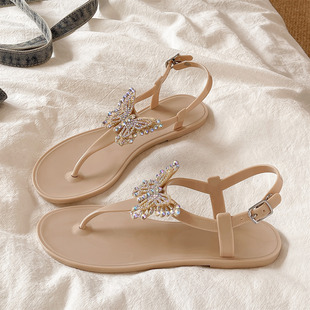 水钻蝴蝶平底夹趾沙滩防滑罗马凉鞋 凉鞋 仙女风时尚 女夏季 2025新款