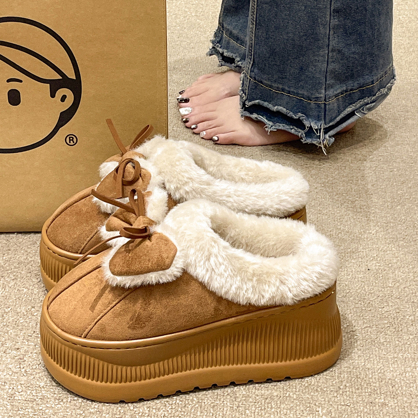 俏绘可爱高跟蝴蝶结包头毛毛鞋