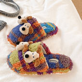 居家室内可爱小狗拼色厚底防滑保暖加绒包头棉拖鞋 毛毛拖鞋 女冬季