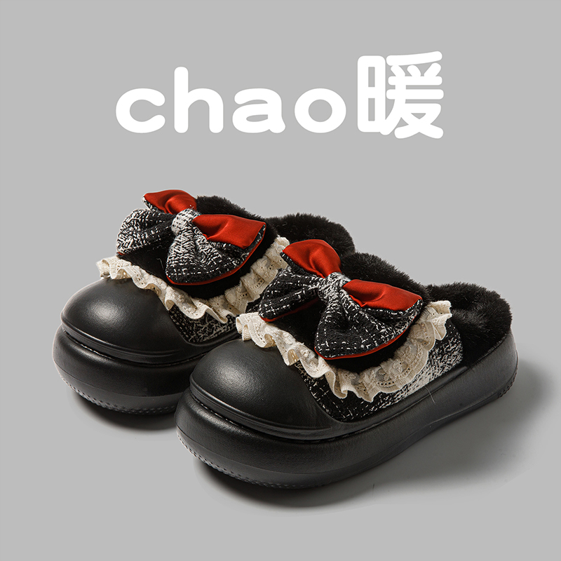 俏绘可爱蝴蝶结厚底保暖棉拖鞋