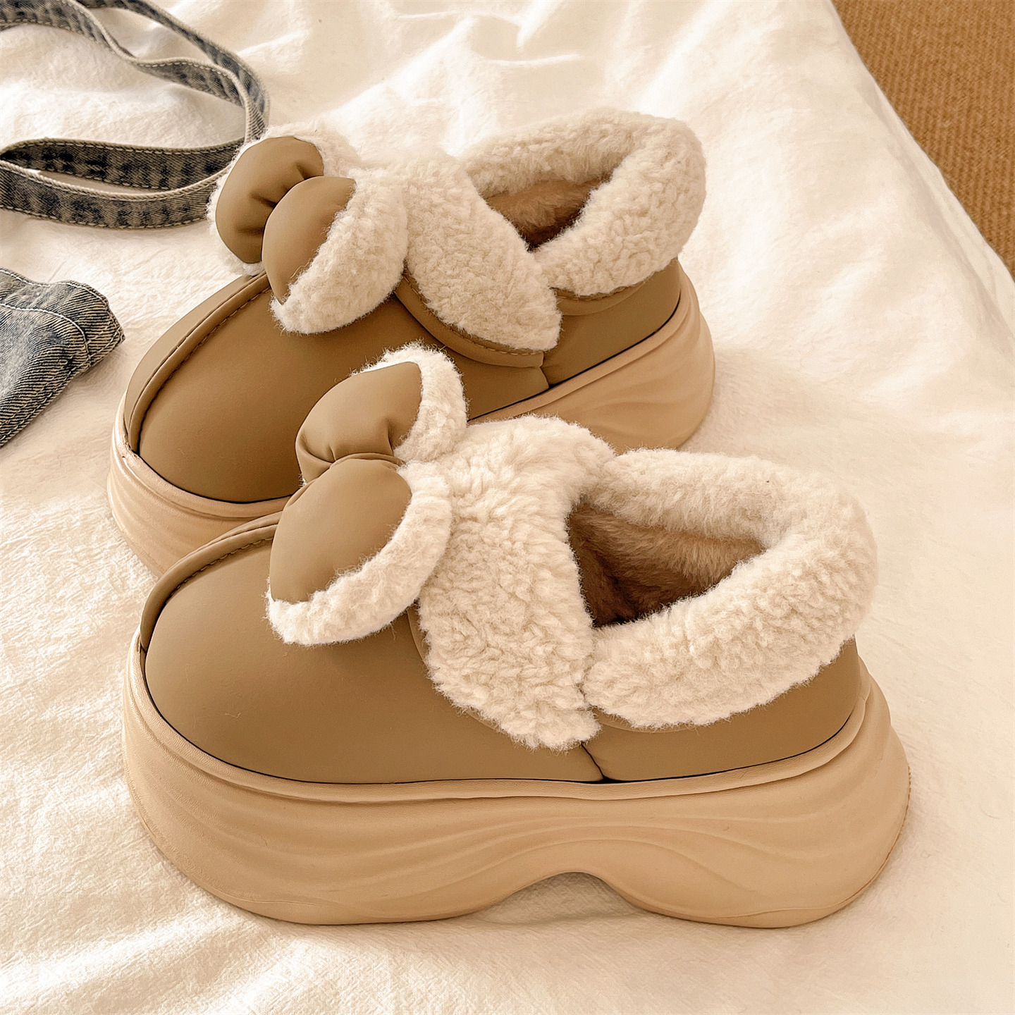 俏绘可爱蝴蝶结厚底高跟包跟棉鞋