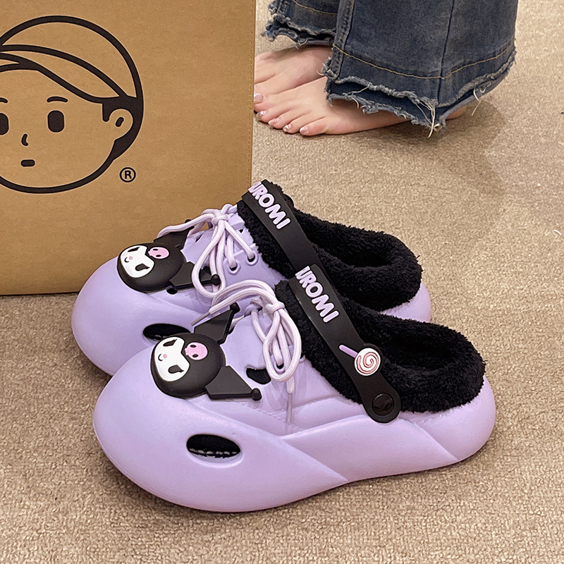 可爱卡通厚底防水包头保暖棉拖鞋